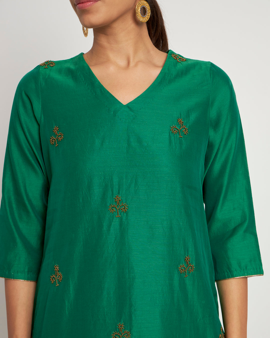 Grass Green Bead V Neck Festive Kurta (Without Bottoms)