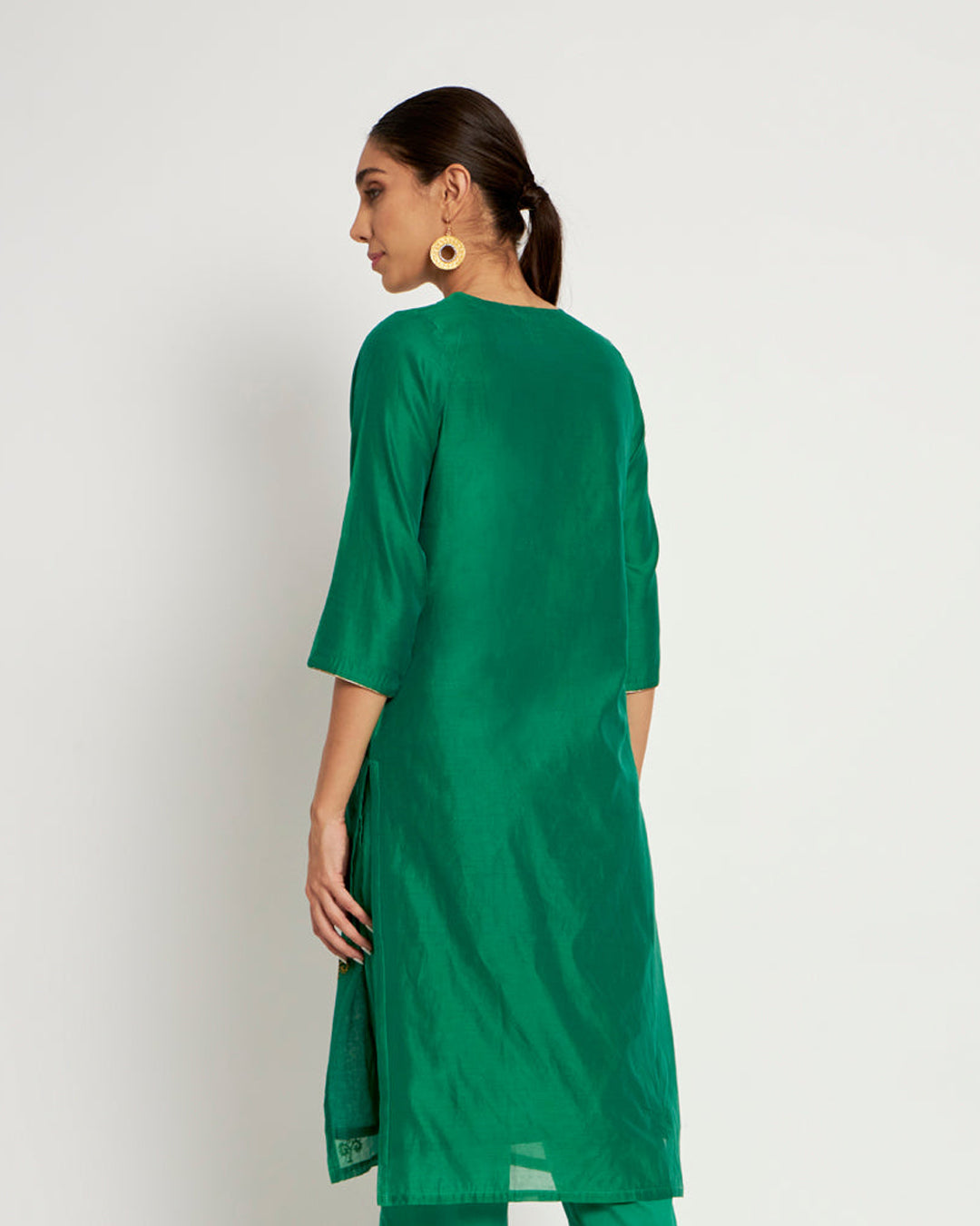 Grass Green Bead V Neck Festive Kurta (Without Bottoms)