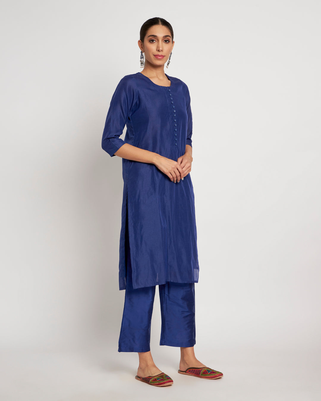 Set of 3- Royal Blue Button Neck Festive Chanderi Set