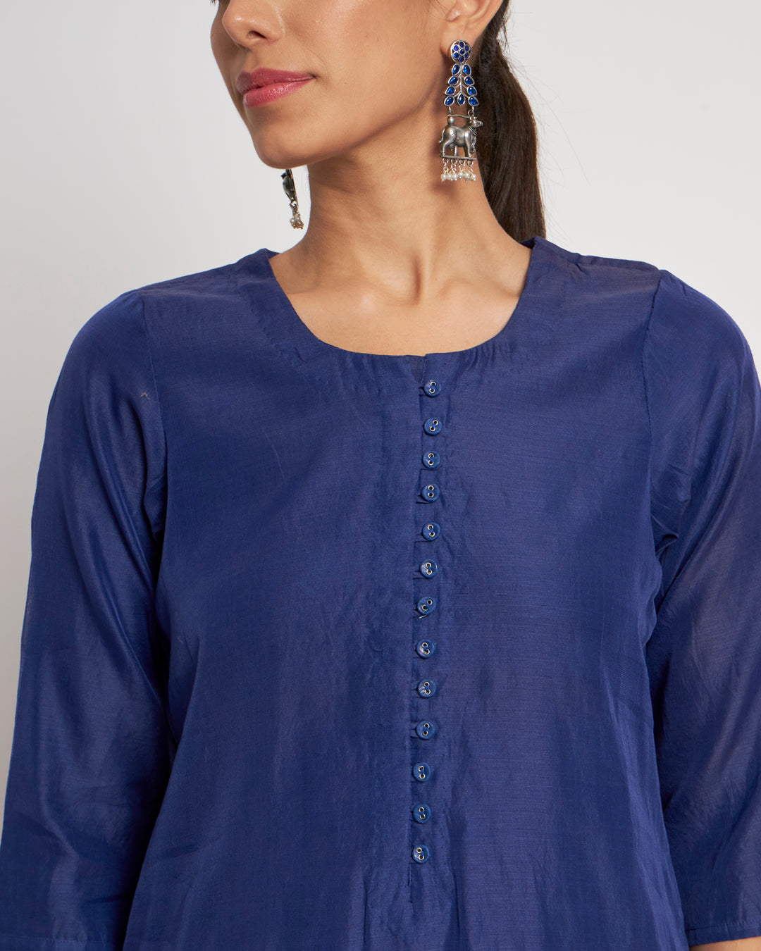 Set of 3- Royal Blue Button Neck Festive Chanderi Set