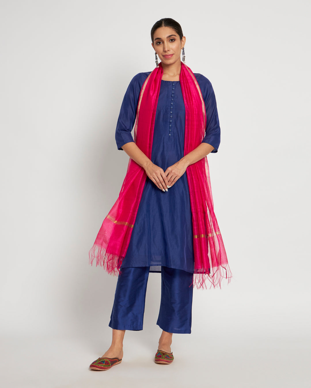 Set of 3- Royal Blue Button Neck Festive Chanderi Set