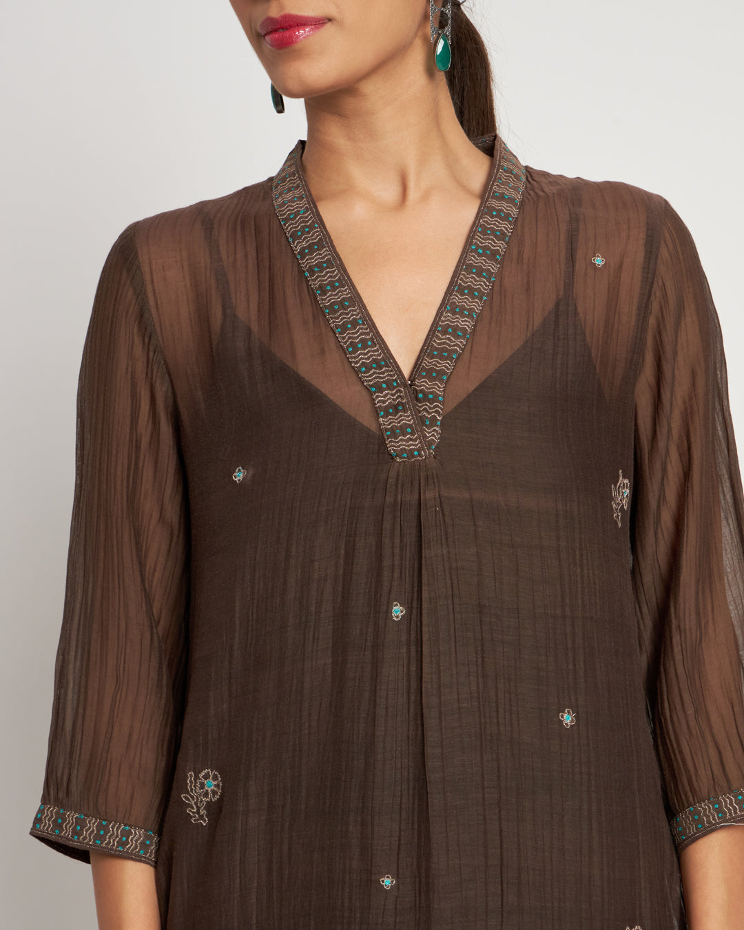 Set of 3- Festive Truffle Embroidered Chanderi Set