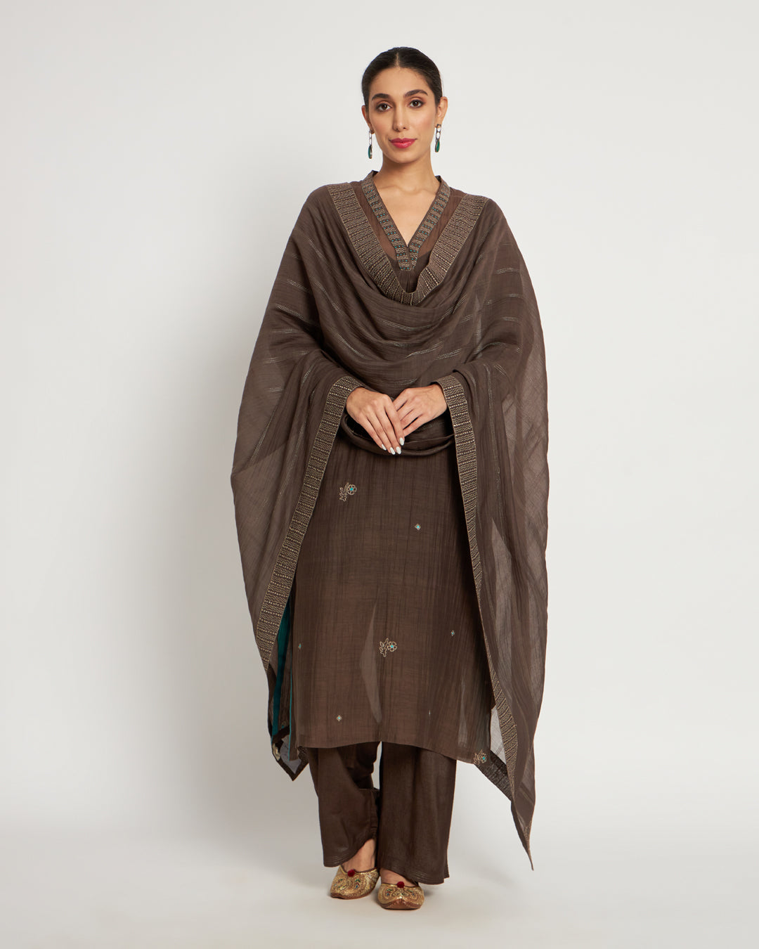 Set of 3- Festive Truffle Embroidered Chanderi Set
