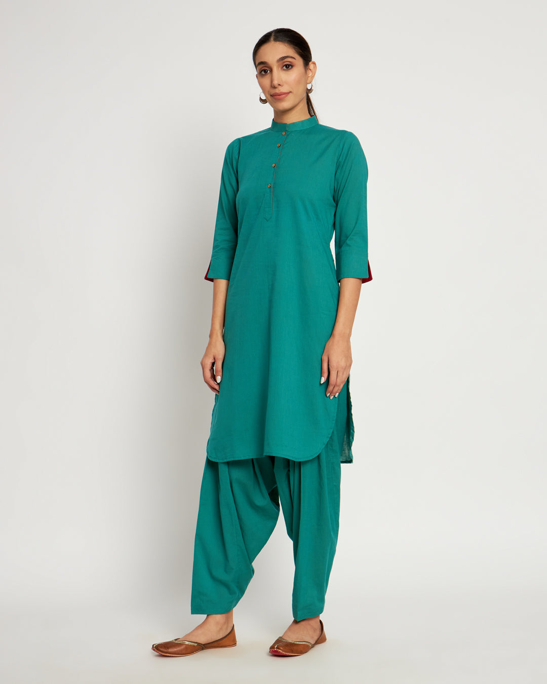 Forest Green Band Collar Neck Solid Co-ord Set