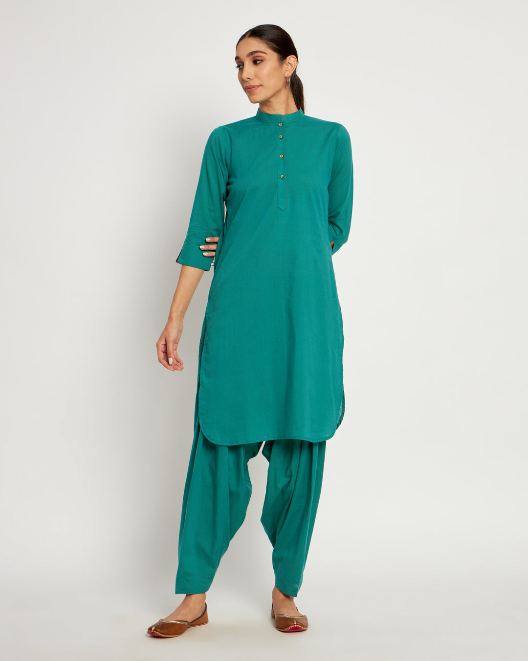 Forest Green Band Collar Neck Solid Co-ord Set