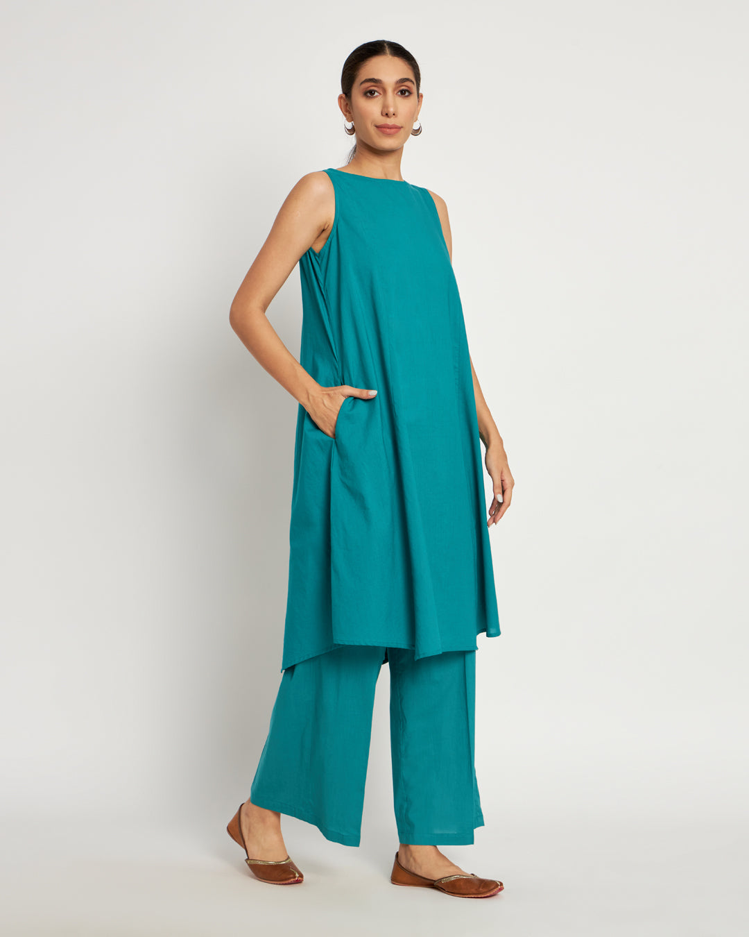 Green Gleam Sleeveless A-Line Solid Co-ord Set