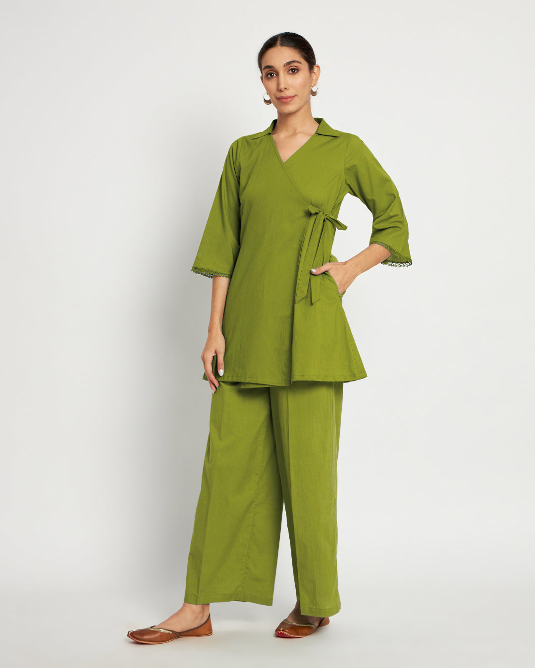 Sage Green Collar Neck Angrakha Solid Co-ord Set