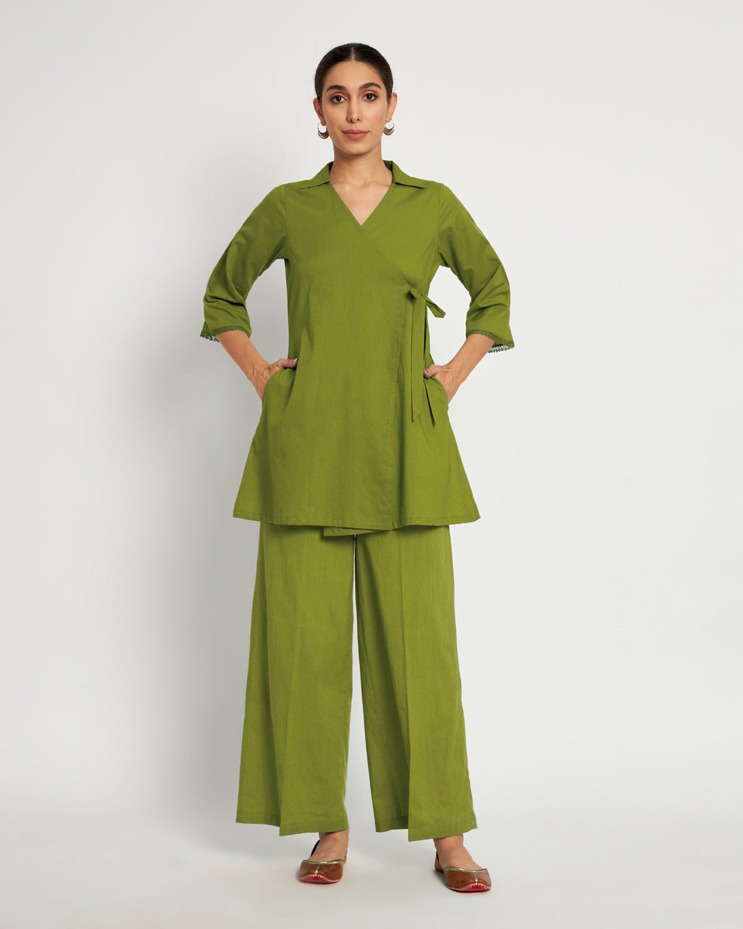 Sage Green Collar Neck Angrakha Solid Co-ord Set