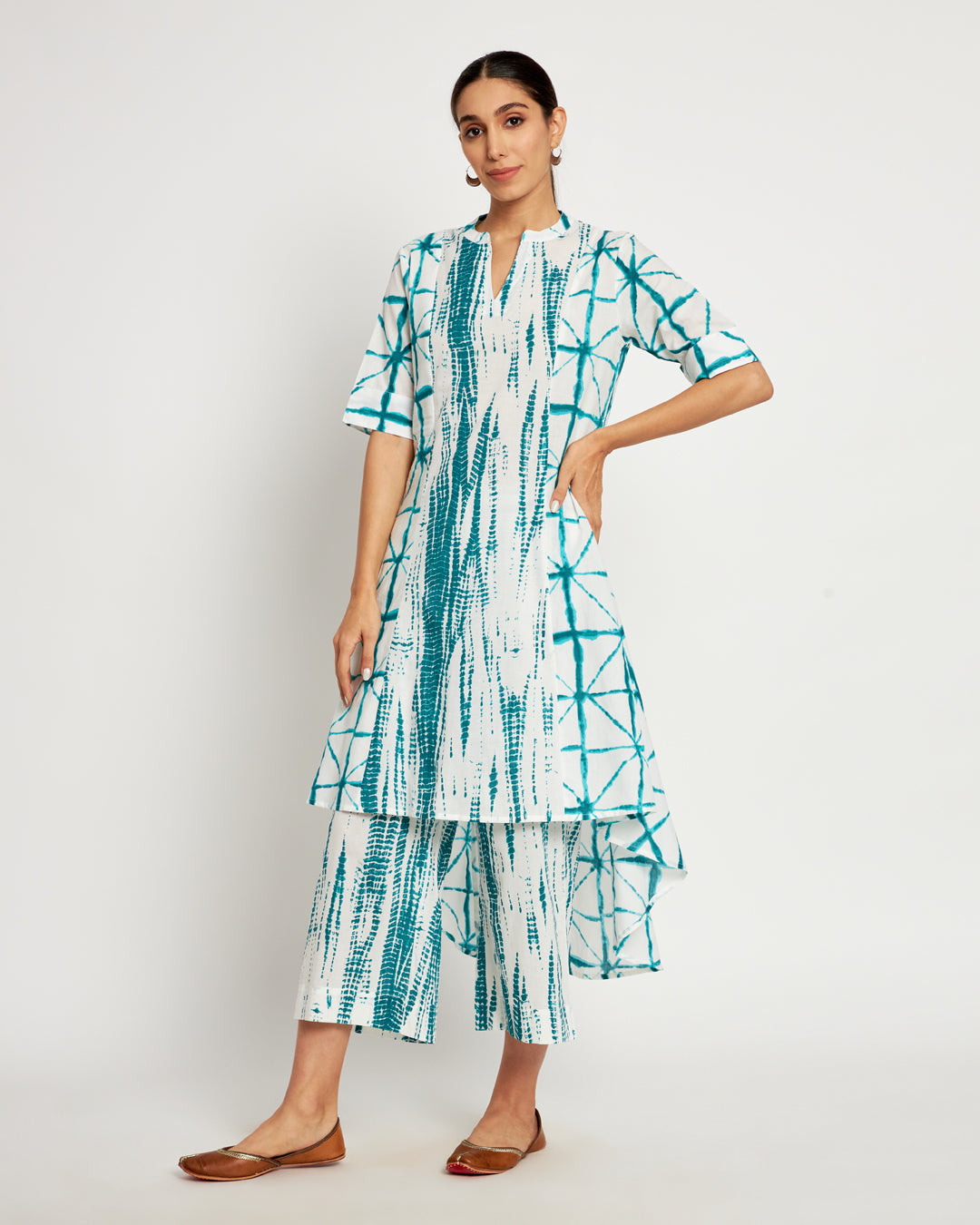 Printed Emerald Green Shibori Bliss Hi-Low Kurta (Without Bottoms)