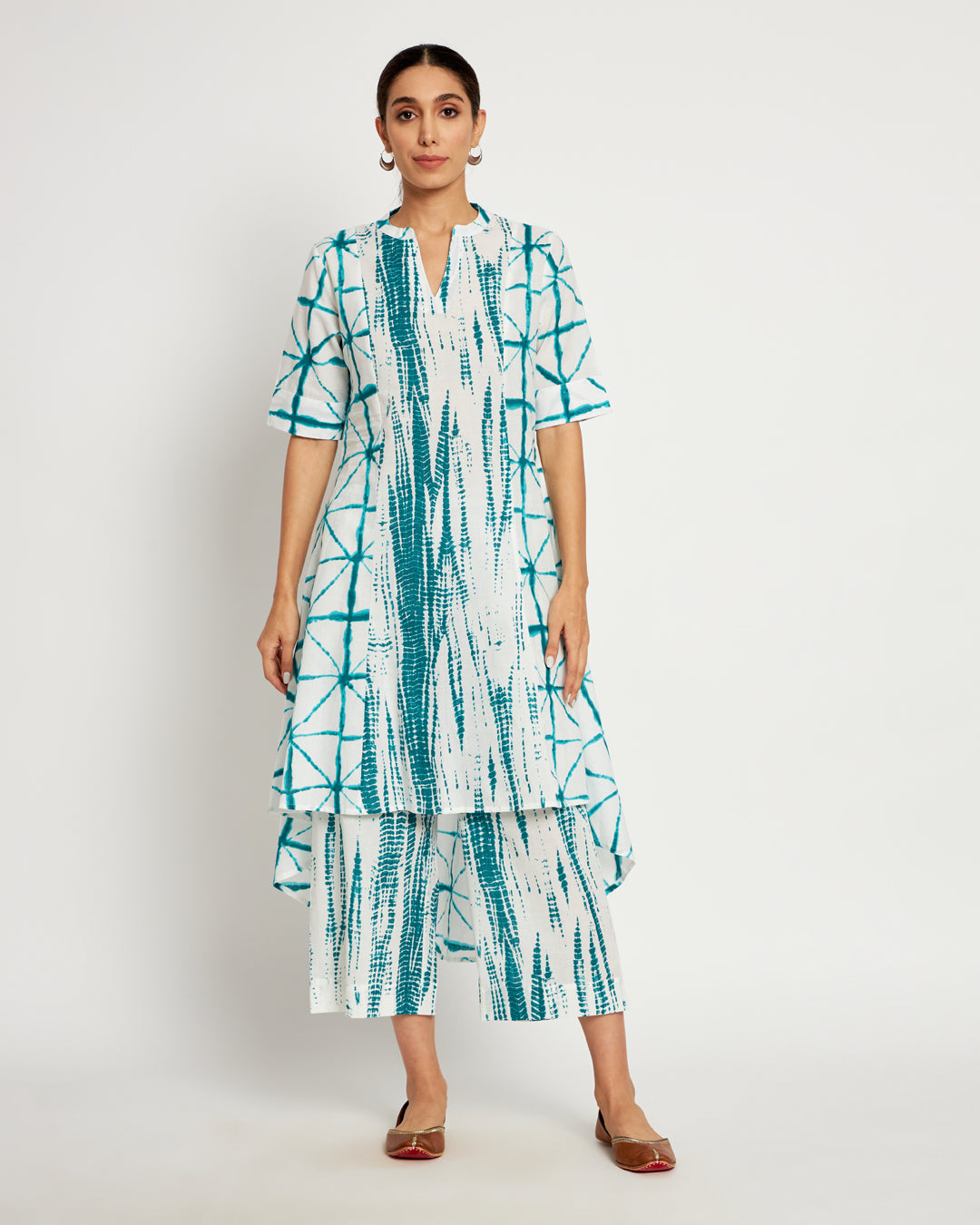 Printed Emerald Green Shibori Bliss Hi-Low Kurta (Without Bottoms)
