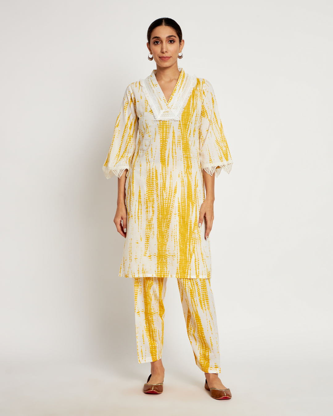 Printed Yellow Shibori Bliss V Neck Co-ord Set