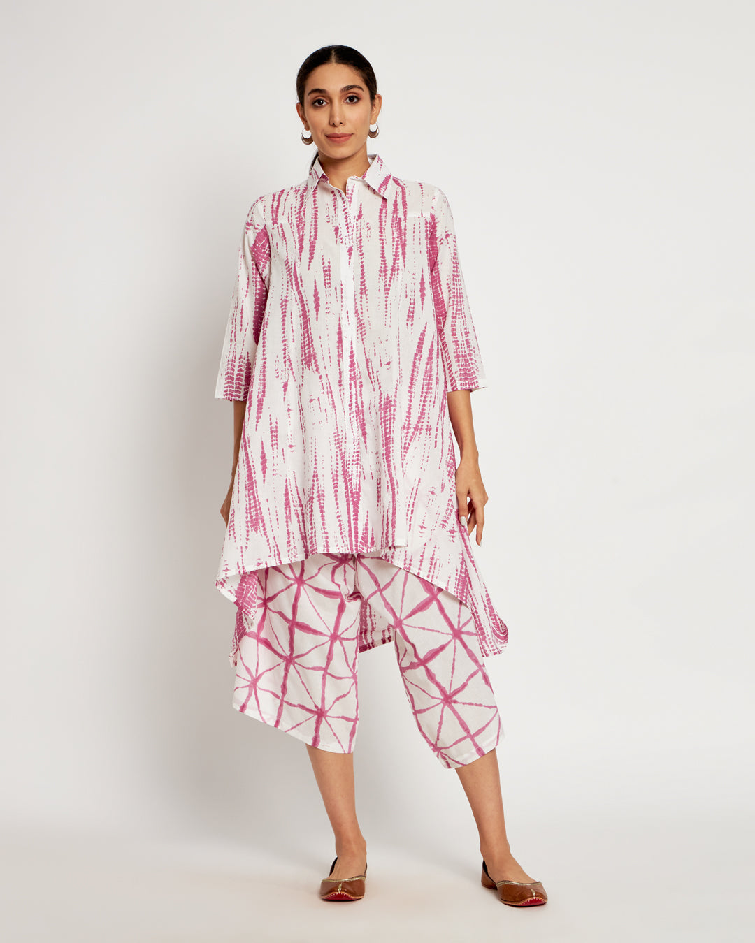 Printed Salmon Pink Shibori Bliss Collared Kurta (Without Bottoms)