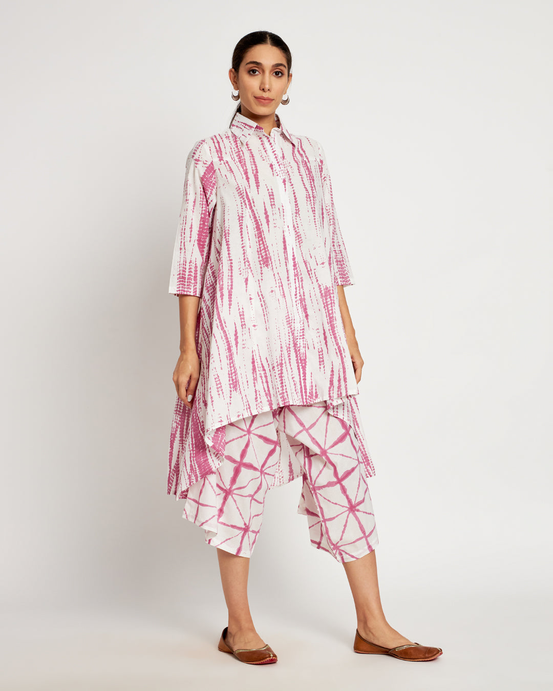 Printed Salmon Pink Shibori Bliss Collared Kurta (Without Bottoms)