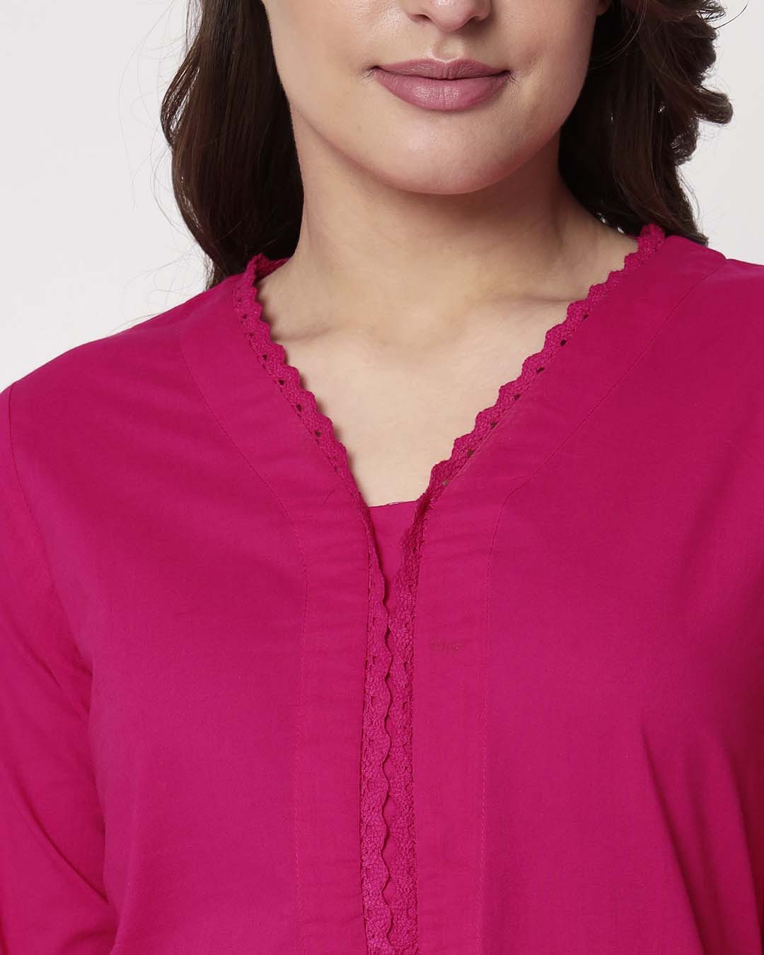 Queen's Gulabi Lace Affair Solid Kurta (Without Bottoms)