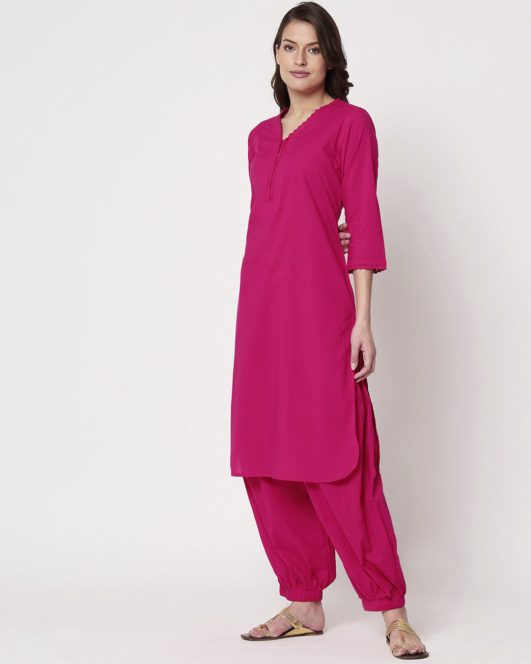 Queen's Gulabi Lace Affair Solid Kurta (Without Bottoms)
