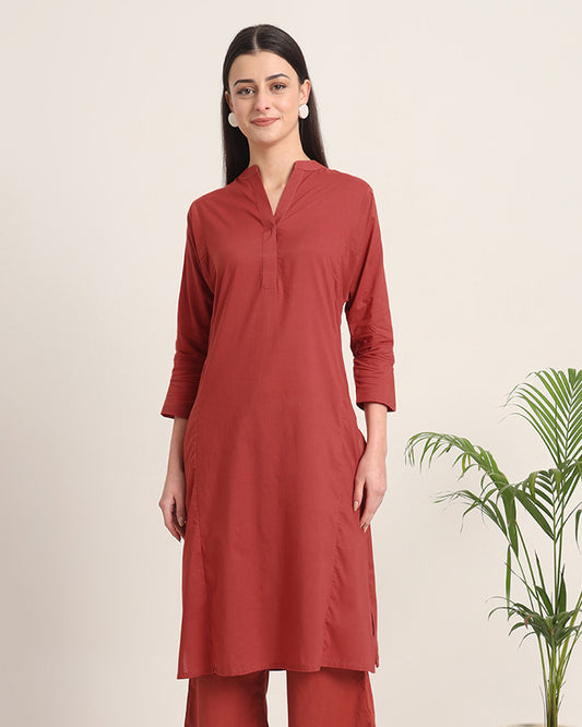 Russet Red Everyday Bliss Notch Neck Solid Kurta (Without Bottoms)