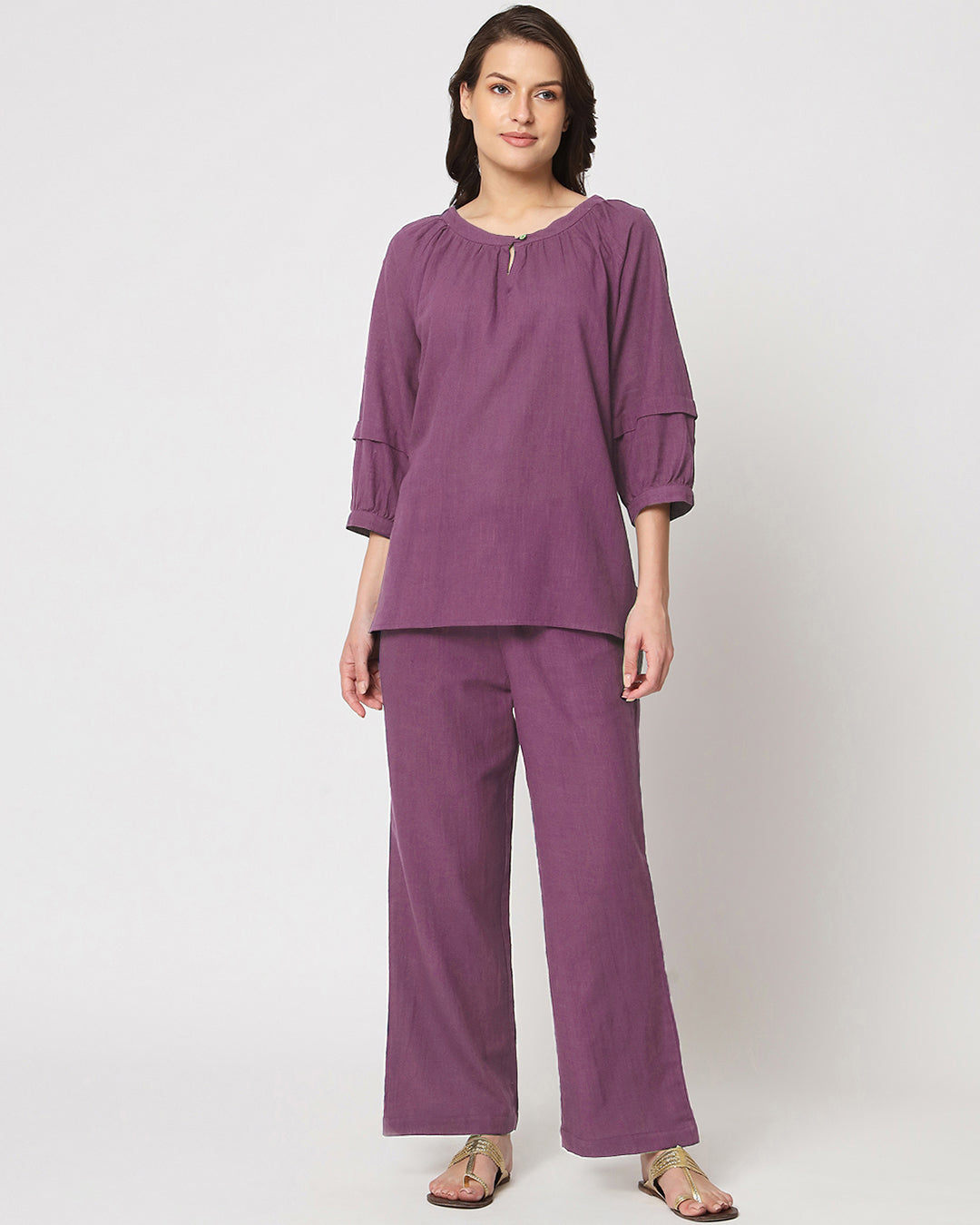 Wisteria Purple Button Neck Solid Top (Without Bottoms)