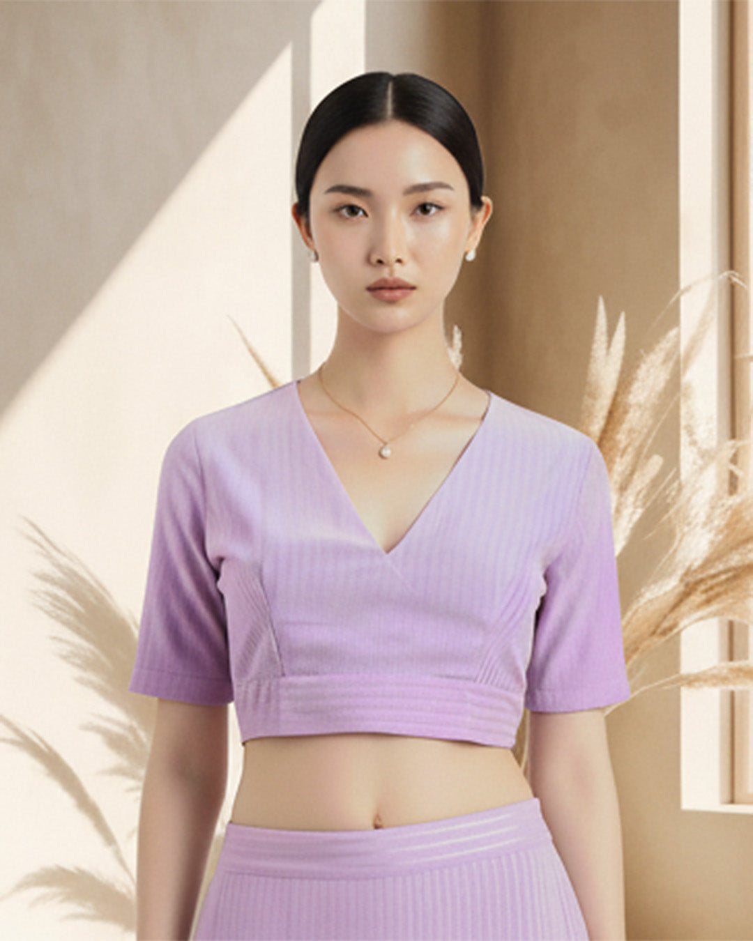 Festive Iris Pink Golden Stripes Deep V Blouse