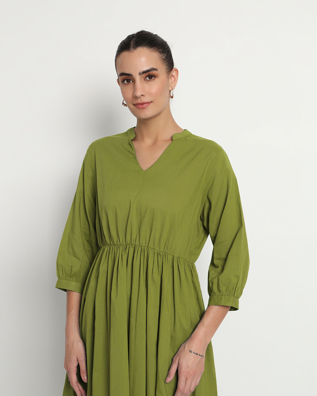Sage Green Gathered V-Neck Stretch Dress
