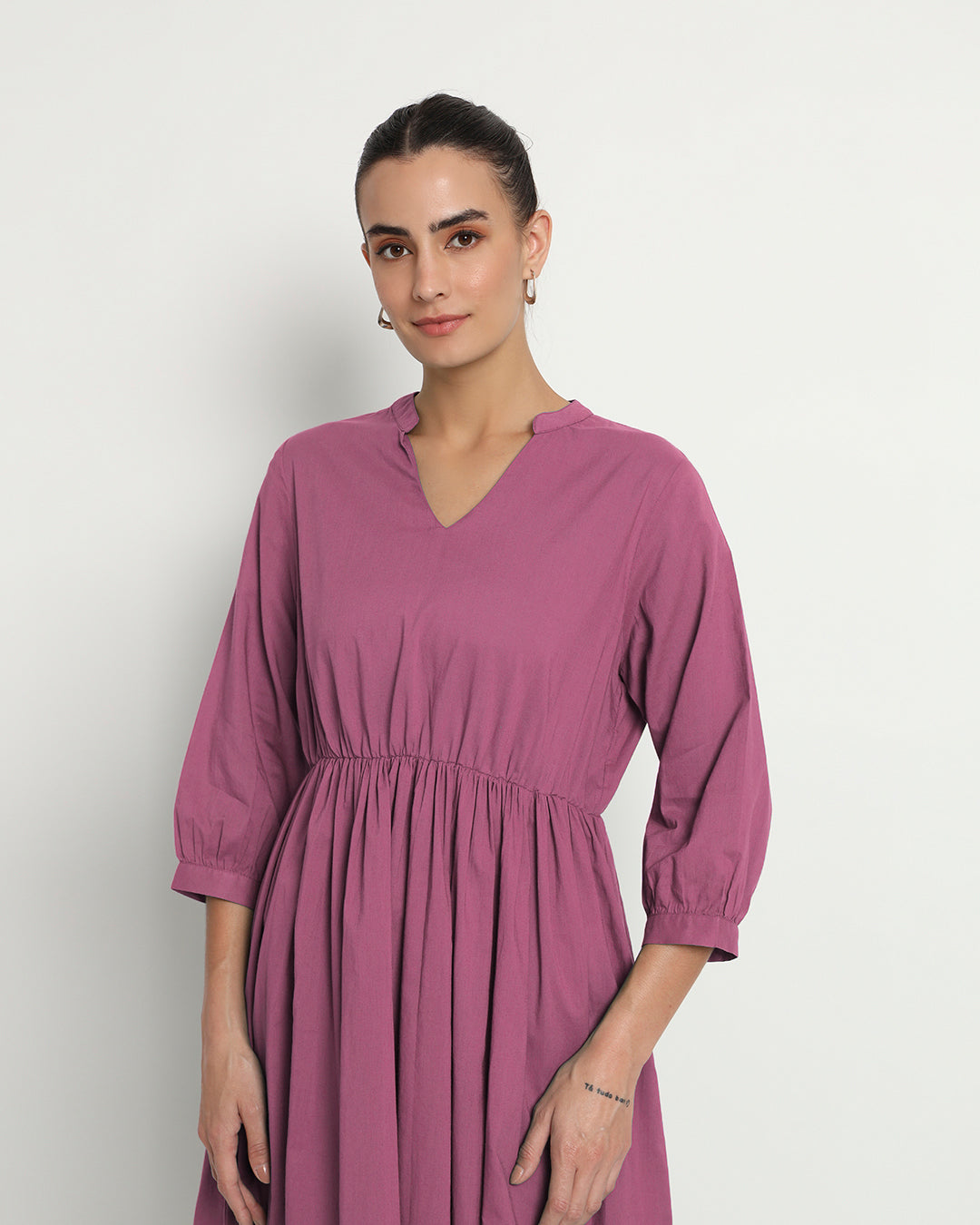 Wings Of Rose Gathered V-Neck Stretch Dress