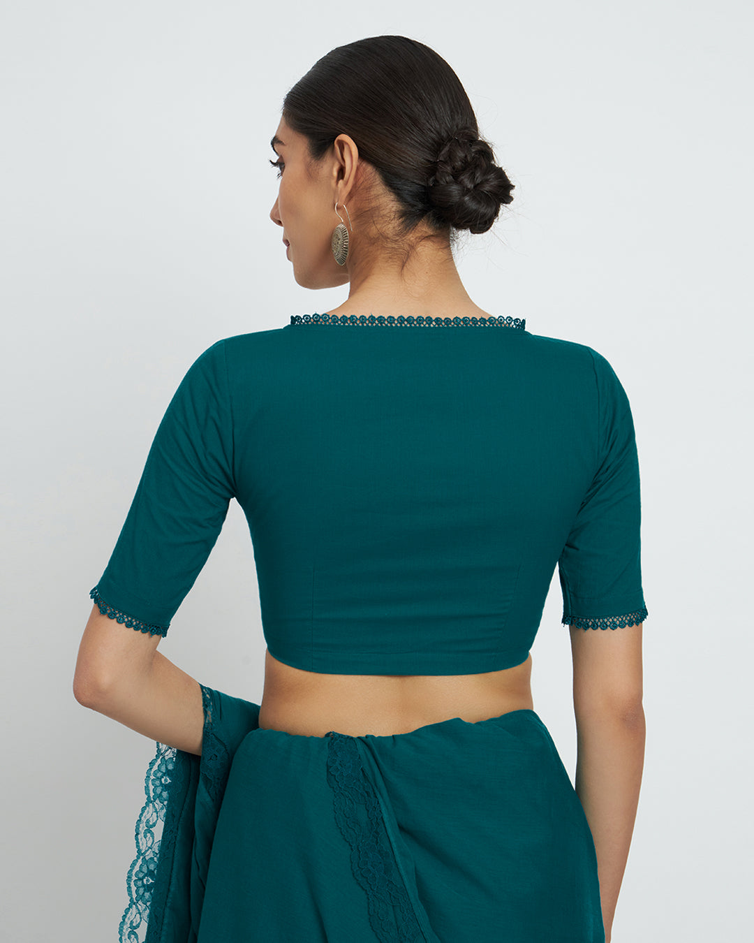 Deep Teal V Neck Lace Medley Saree & Blouse Co-ord Set