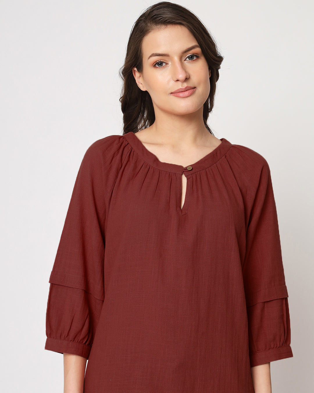 Russet Red Button Neck Solid Top (Without Bottoms)