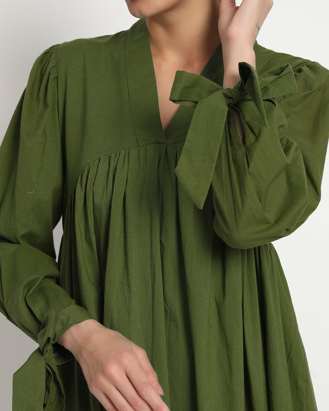 Greening Spring Bowtiful Gathering V Neck Dress