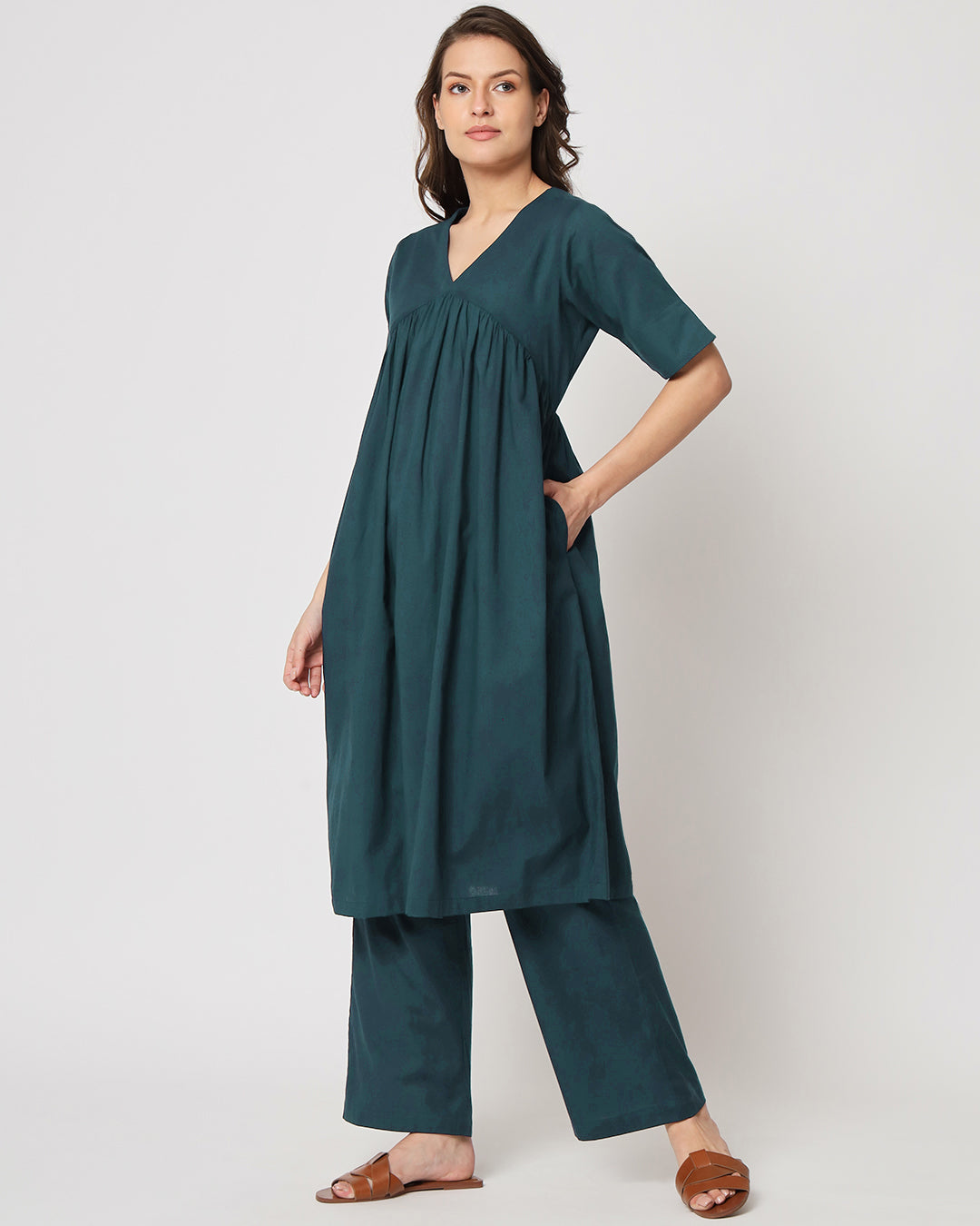 Deep Teal Gathered Solid Kurta (Without Bottoms)