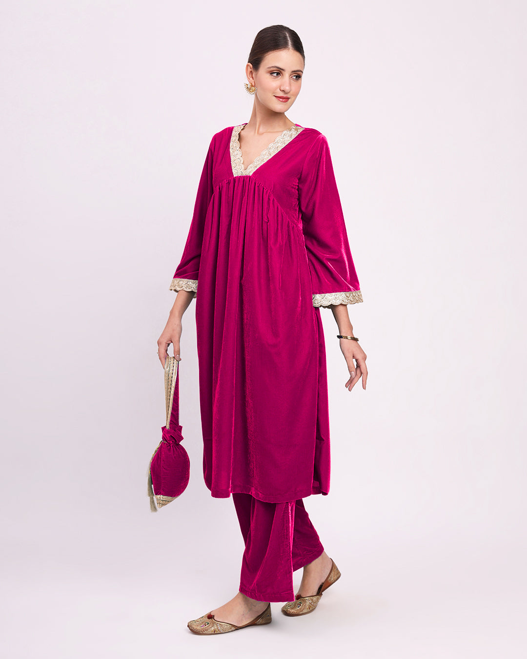 Queen's Gulabi Sparkling Elegance Velvet Gathered Kurta (Without Bottoms)