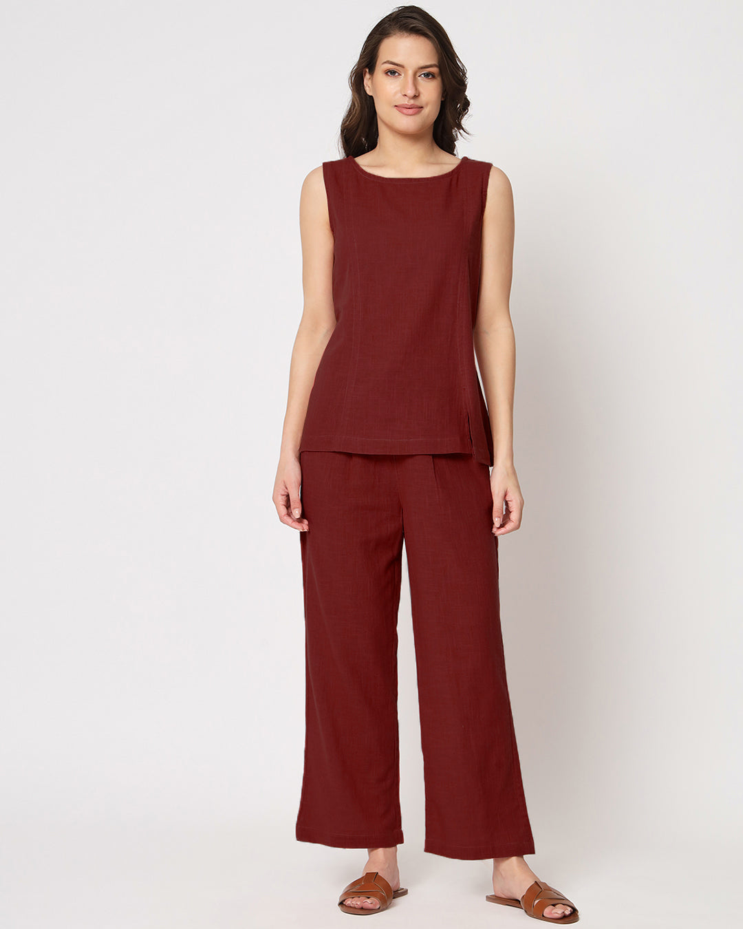 Russet Red Sleeveless Short Length Solid Top (Without Bottoms)