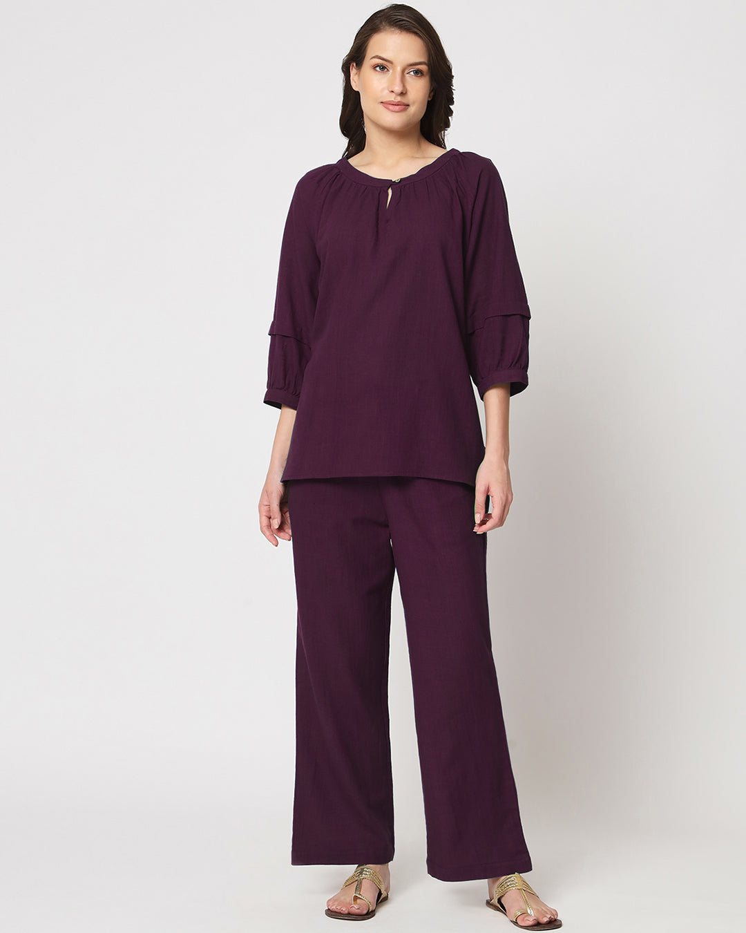 Plum Passion Button Neck Solid Top (Without Bottoms)