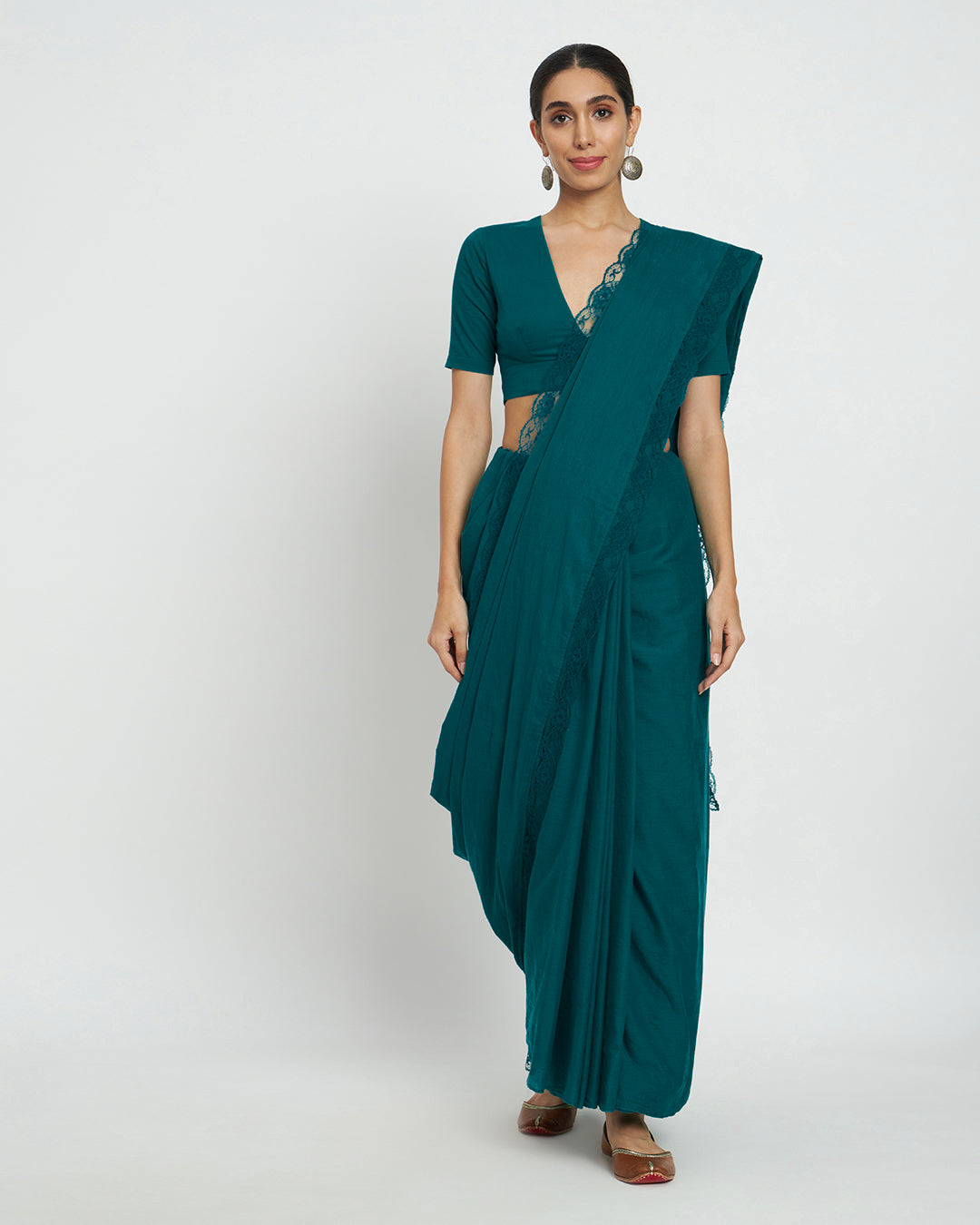Deep Teal Allure Deep V Saree & Blouse Co-ord Set