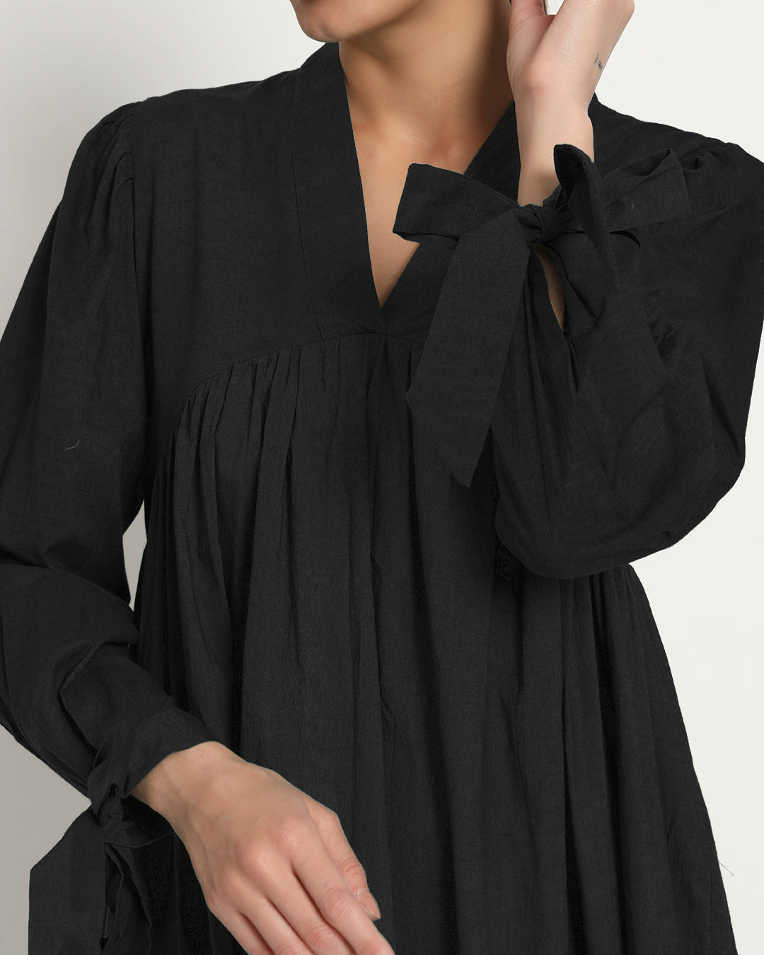 Classic Black Bowtiful Gathering V Neck Dress