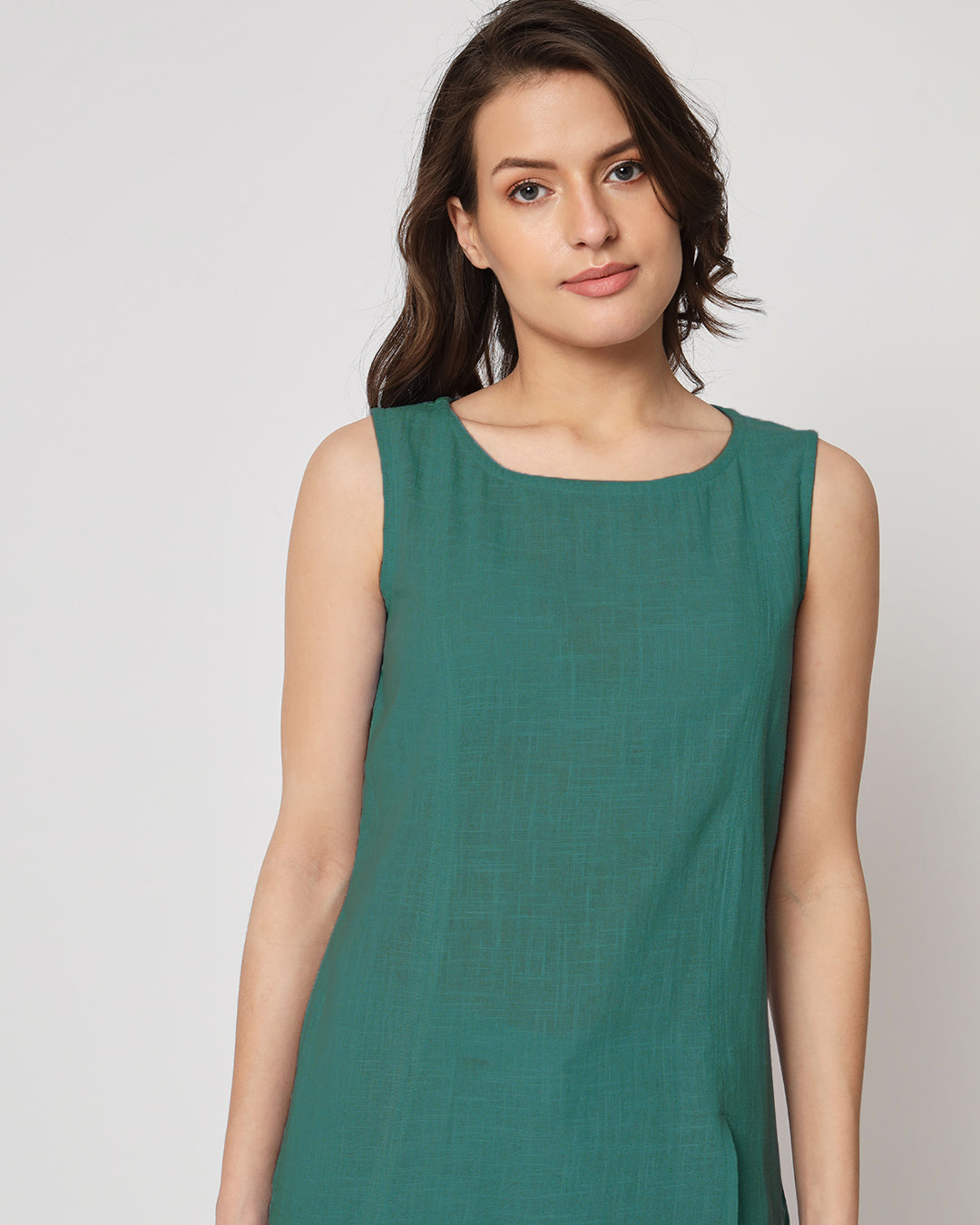 Forest Green Sleeveless Short Length Solid Co-ord Set
