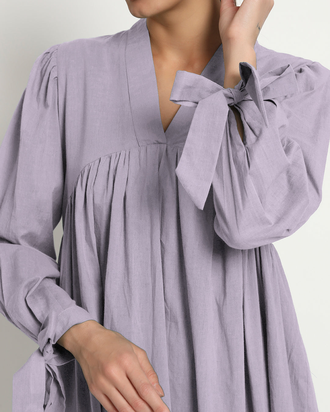 Lilac Bowtiful Gathering V Neck Dress