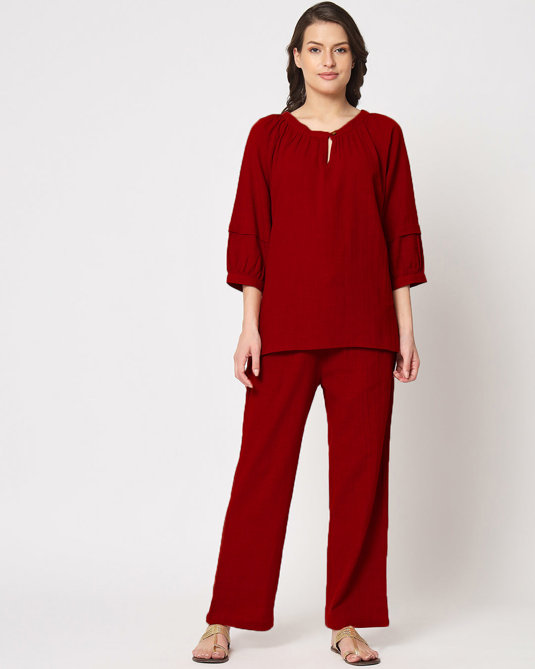 Classic Red Button Neck Solid Top (Without Bottoms)