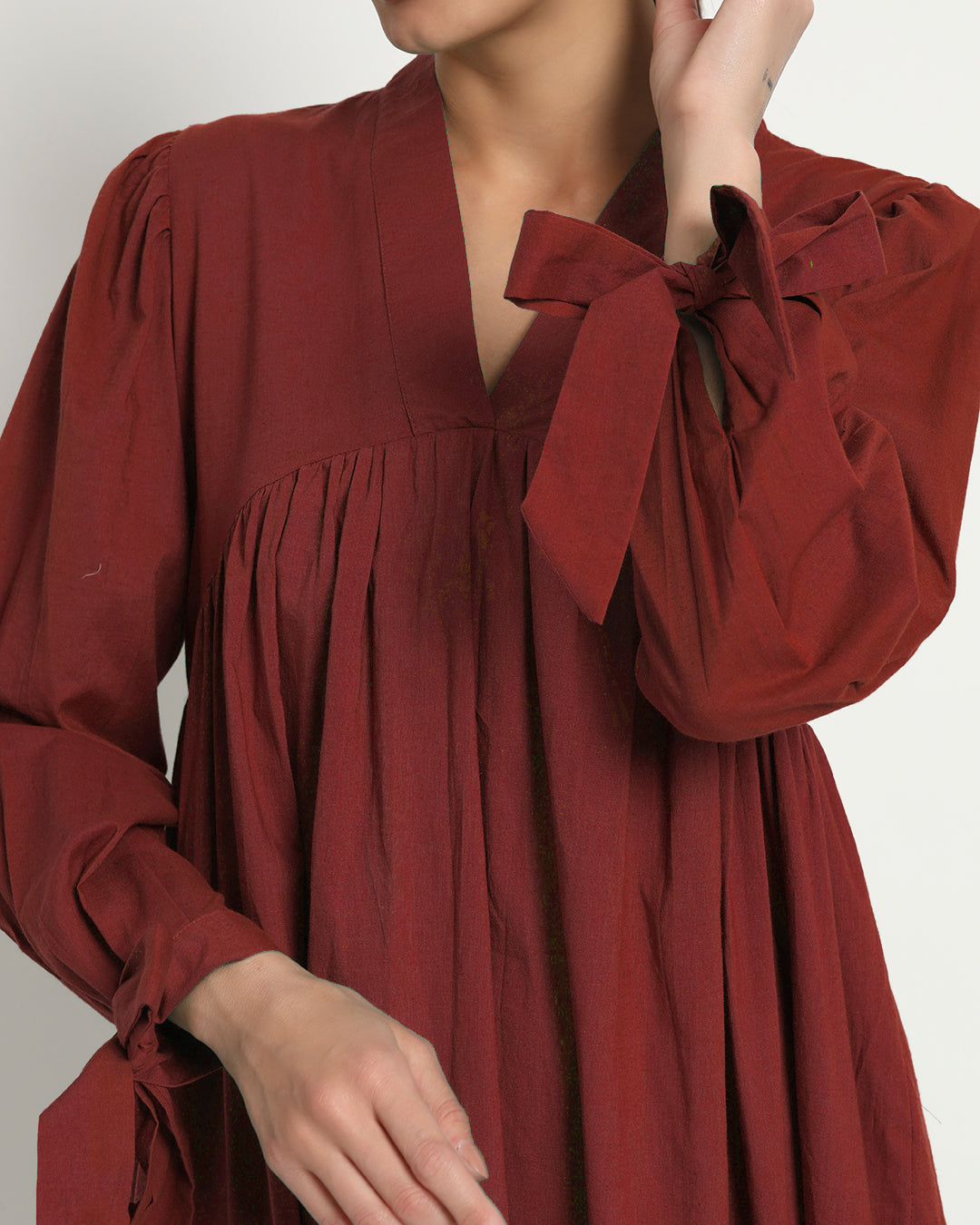 Russet Red Bowtiful Gathering V Neck Dress