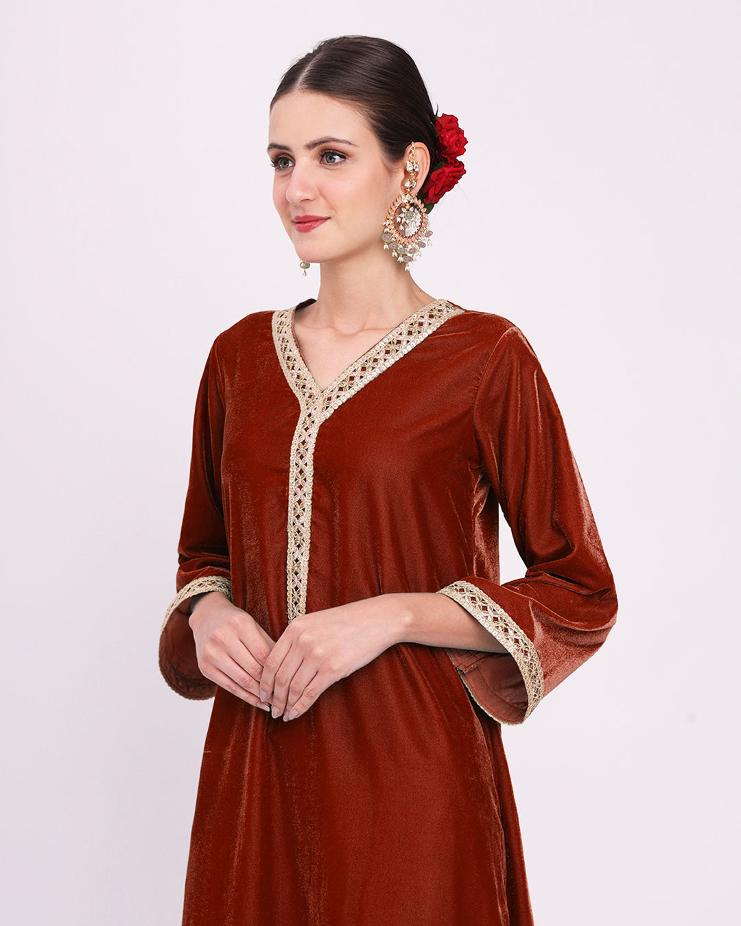 Russet Red Crafted Luxe Velvet Kurta (Without Bottoms)