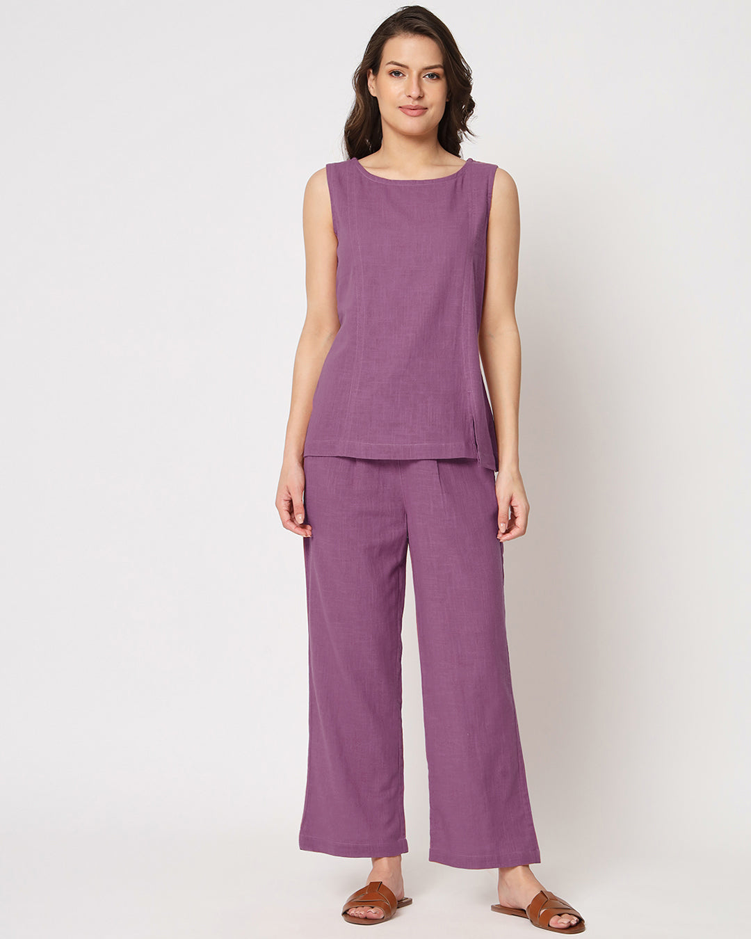 Wisteria Purple Sleeveless Short Length Solid Co-ord Set