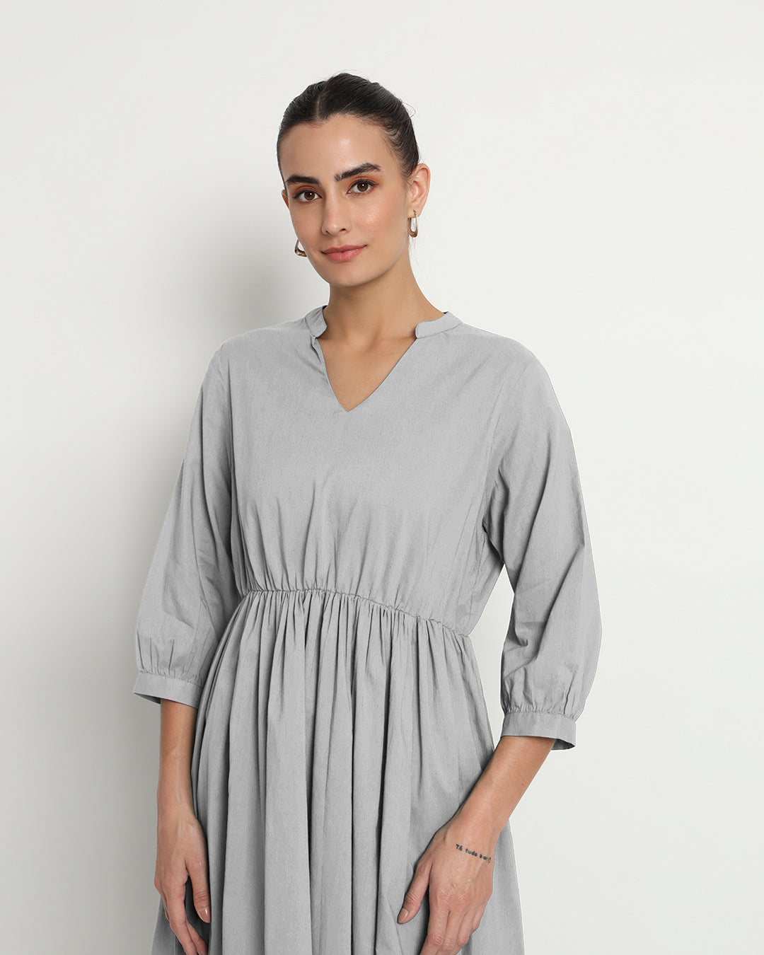 Iced Grey Gathered V-Neck Stretch Dress