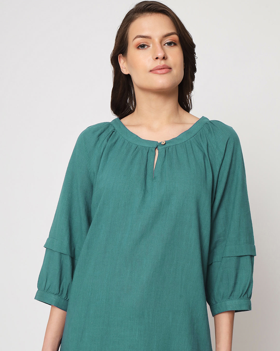 Forest Green Button Neck Solid Top (Without Bottoms)