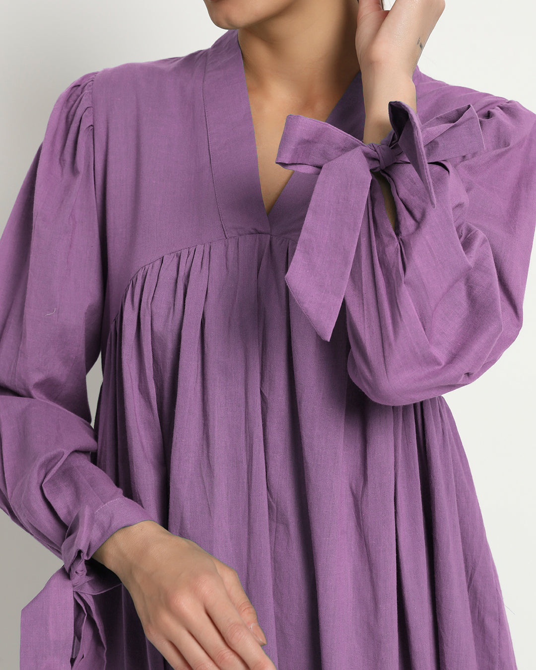 Wisteria Purple Bowtiful Gathering V Neck Dress
