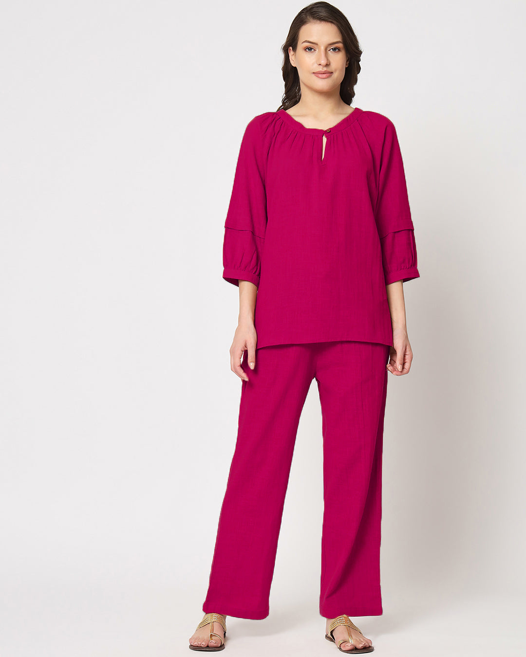 Queen's Gulabi Button Neck Solid Top (Without Bottoms)