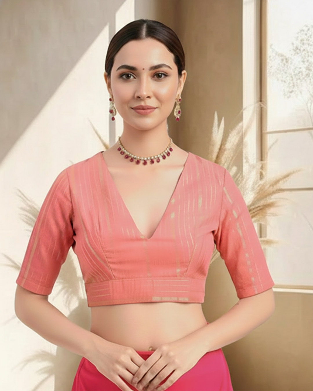 Festive Rosette Pink Golden Stripes Deep V Blouse