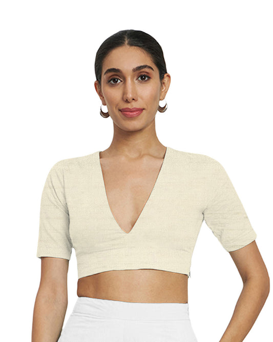 Thevasa Women's Cream Art Silk Divine Depth Blouse
