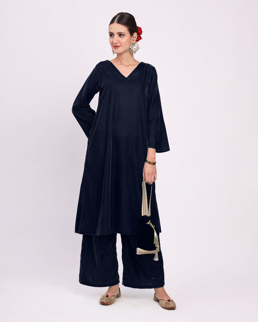 Midnight Blue Gilded V Neck Velvet Co-ord Set