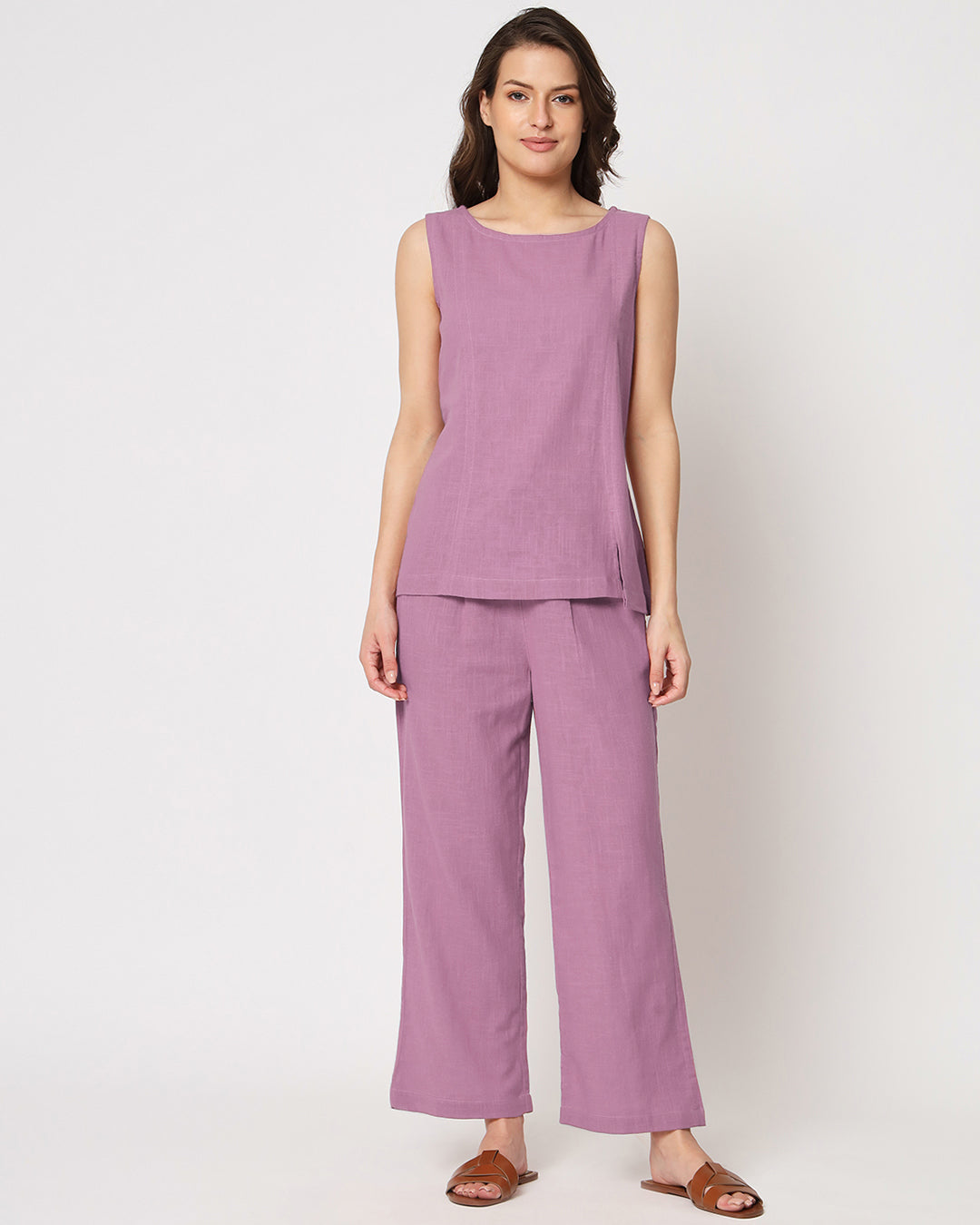 Iris Pink Sleeveless Short Length Solid Top (Without Bottoms)