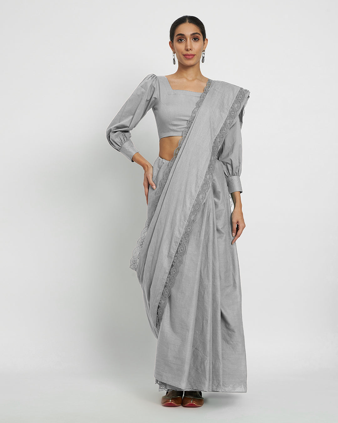 Iced Grey Square Sleekness Saree & Blouse Co-ord Set
