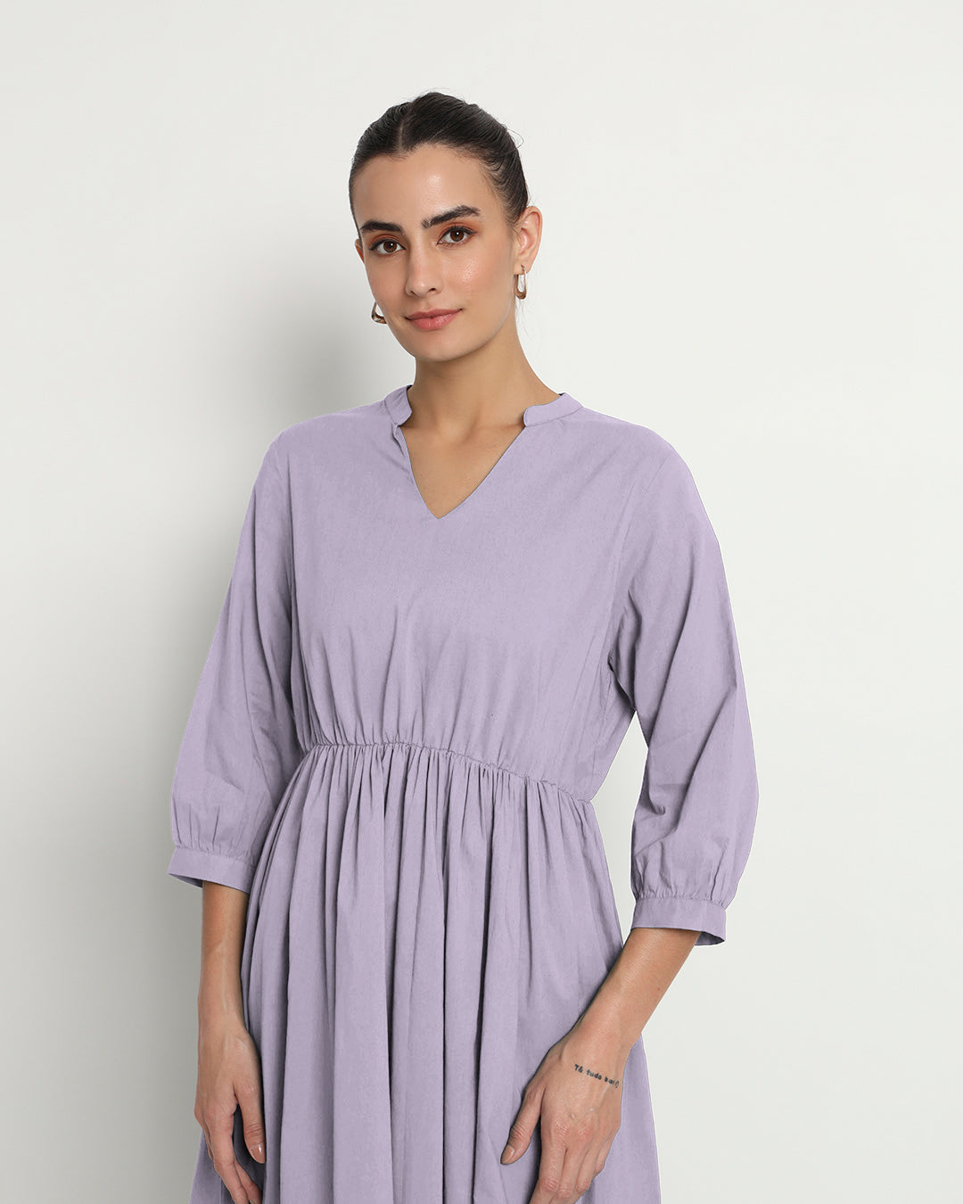 Lilac Gathered V-Neck Stretch Dress