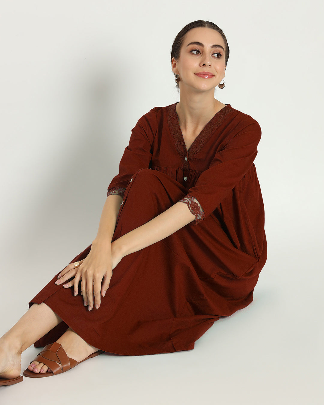 Russet Red V Neck Stylish Slumber Nightdress